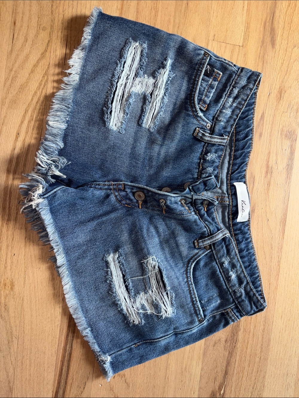 Frayed Hem Distressed Denim Shorts - Blue